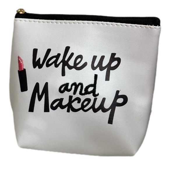 White Makeup Pouch with Black and Pink Design - Picture 1 of 2